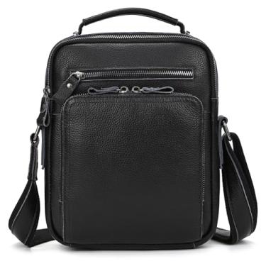 Imagem de SAIION Bolsa masculina pequena de couro, mensageiro de couro genuíno e bolsa de ombro para homens, bolsos com zíper, bolsa masculina, 9501 preta, Small, Retrô