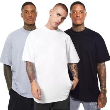 Imagem de 3 Camisetas Oversized Gola Alta Preta, Branca e Cinza Algodão Confortável-Masculino