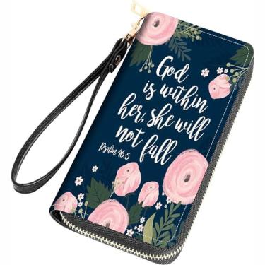 Imagem de FQTBCEARI Carteira feminina com estampa de flores de beija-flor de grande capacidade, bolsa de mão de couro PU com zíper para smartphone/cartão/moeda/dinheiro, Citação floral Versículos da Bíblia