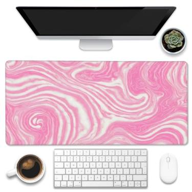 Imagem de Eflxamz Tapete de mesa, tapete de mesa com textura de redemoinhos de mármore rosa, fluxo de ondas líquidas, mouse pad grande para jogos, teclado de computador grande com base antiderrapante e borda