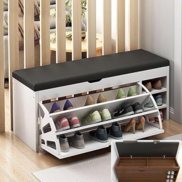 Imagem de Rack de banco de sapatos para entrada, banco de armazenamento, entrada industrial com armazenamento, espaço flip top e almofada acolchoada, corredor organizador de madeira de 3 camadas, sala