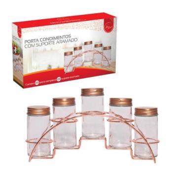 Imagem de Porta Condimentos Temperos 5 Potes Vidro Suporte Cesta Aço - ZN