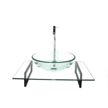 Imagem de Kit cuba de vidro redonda incolor com tampo 60cm incolor e suporte pre