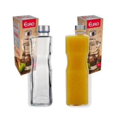 Imagem de Kit 2 Garrafas De Vidro Euro Home Quadrada H2o C/tampa Inox 1 Litro, C