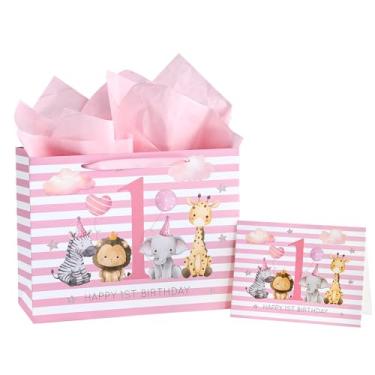 Imagem de WRAPAHOLIC Bolsa grande de presente de 1º aniversário de 33 cm com cartão e papel de seda - Design de letras rosa adorável animal e feliz aniversário de 1º aniversário para meninas, aniversário, festa