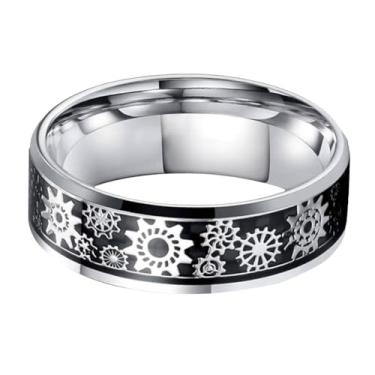 Imagem de Anel de casamento masculino de tungstênio preto de 8 mm, incrustado com padrão de engrenagem azul, estilo vintage industrial steampunk, aliança de casamento tamanho 7-13, Metal, Sem pedra preciosa
