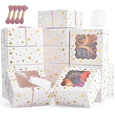 Imagem de EQOREIIN 36 caixas de biscoito de Natal com janela, 10 x 10 x 6,3 cm, caixas de padaria para biscoitos, caixas de presente de folha dourada de Natal, latas de biscoito, pastelaria, sobremesa,