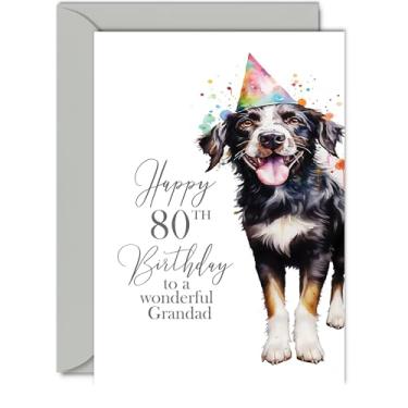 Imagem de Cartões de aniversário de 80 anos para vovô - Cão de festa - Cartão de feliz aniversário para vovô de 80 anos de idade do neto neta, A5 aniversário homens homem ele cartões de felicitações presente