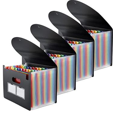 Imagem de Pacote com 4 pastas expansíveis, organizador de arquivos sanfonado com 24 bolsos, tamanho carta A4, organizador de documentos portátil com abas coloridas, pasta sanfonada expansível de mesa - preto