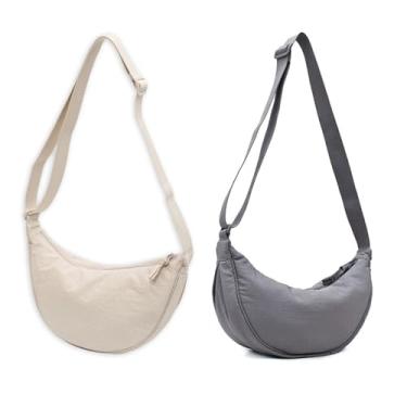 Imagem de Bolsa tiracolo Hobo Crescent Bag com armazenamento de malha, bolsa de ombro feminina masculina bolsa de bolinho alça ajustável, Cinza + bege, Medium