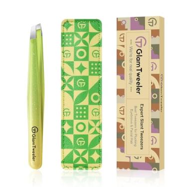 Imagem de Pinça especialista em remoção de pelos de sobrancelha com estojo de couro, pinça de aço inoxidável de ponta inclinada de alta precisão GlamTweeler para homens e mulheres (faísca verde maçã e amarelo)