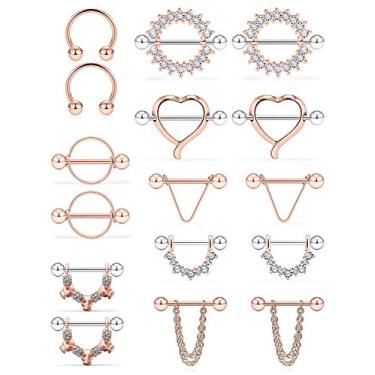 Imagem de SCERRRING Anéis de mamilo 14 G de aço inoxidável para mamilos CZ Coração Lingueta Escudo Barra Anéis Retentor Corpo Piercing Joia para mulheres 9/16 polegadas 8 pares
