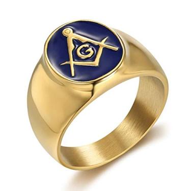 Imagem de INRENG Anel maçônico de aço inoxidável banhado a ouro para homens e mulheres azul G Lodge Master Mason Signet Band, Metal, Sem pedra preciosa