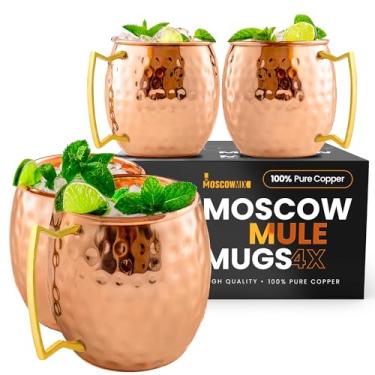 Imagem de Moscow-Mix Canecas Moscow Mule - Conjunto de 4 canecas de cobre 100% puro - Conjunto de 4 copos de mulas Moscou premium seguros para alimentos 473 ml - Copos de cobre sólido para beber - Presente