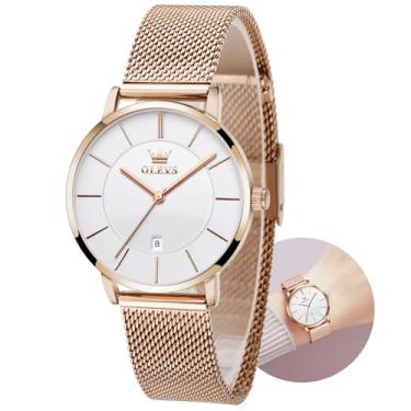 Imagem de Relógios femininos ultrafinos de 6,5 mm à prova d'água, relógio feminino de aço inoxidável em ouro rosa, relógios femininos casuais com data, relógios de pulso femininos de rosto grande, relógios femininos de quartzo japonês, presentes para mulheres, Ouro rosa, branco, relógios de negócios femininos