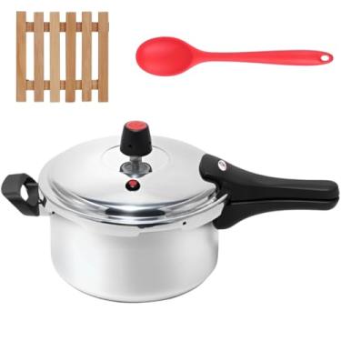 Imagem de Panela de Pressão 3 Litros Antiaderente Fechamento Externo + Descanso Quadrado + Colher de Silicone Vermelha