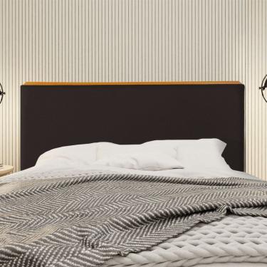 Imagem de Cabeceira Cama Box King 1,93m Estofada Detalhe em Madeira Java Linho Marrom Escuro