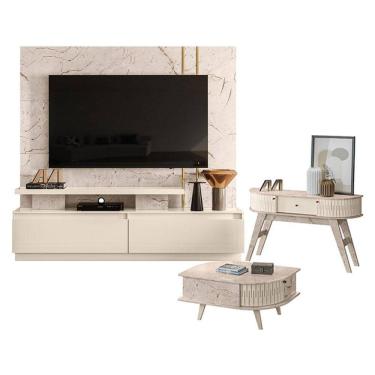 Imagem de Estante Home Theater New Apolo com Aparador Estoril e Mesa de Centro Indianápolis Calacata Off White – Madetec
