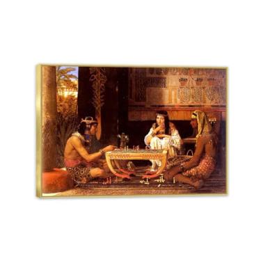 Imagem de MOBYAT Impressão de jogadores de xadrez egípcios com moldura dourada de Lawrence Alma Tadema, reprodução de pintura a óleo, impressão giclée em tela, arte de parede pronta para pendurar para decoração