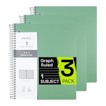 Imagem de ONAVIA Caderno espiral para escola, pacote com 3, 1 matéria, papel pautado com grafos 10 x 10, 100 folhas, 23 x 28 cm, 1 divisória com bolso, 3 furos perfurados, capa de plástico, caderno de notas