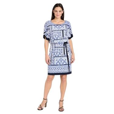 Imagem de R&M Richards Vestido elegante com borda dupla na altura do joelho com laço na cintura, Branco/jeans, 50