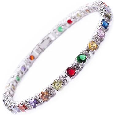 Imagem de Bracelete de tênis redondo multicolorido CZ com pedra do mês de nascimento, banhado a ouro branco, 17,78 cm 7 inches