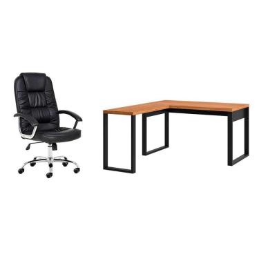 Imagem de Conjunto de Mesa em L Anah Freijó com Cadeira de Escritório Presidente Giratória com Relax Finland Preta