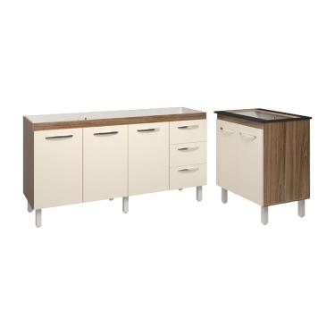 Imagem de Cozinha Balcão Armário Gabinete de Pia 150 cm Deise e Balcão Fran para Fogão Cooktop 5 Bocas Savana Off White