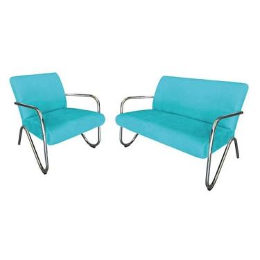 Imagem de Kit Namoradeira + Poltrona Decorativa Bela Suede Azul Turquesa Braço C
