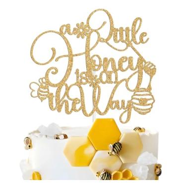 Imagem de A Little Honey is on the Way Cake Topper - Welcome Baby Bunting Sign, Baby Shower/Baby Announcement Party Decoration - Bee Theme Gender Reveal 1st Birthday Party Supplies, Rose Gold Glitter