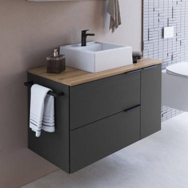 Imagem de Gabinete de Banheiro Suspenso 80cm com 1 Toalheiro 2 Portas e 1 Gaveta com Cuba Mel/Grafite