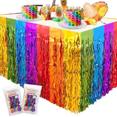 Imagem de Pacote com 2 saias de mesa com franja de tinsel metálico arco-íris brilhante colorido ondulado cortina de franjas decorações para dia do arco-íris LGBTQ desfile casamento noivado festa de aniversário