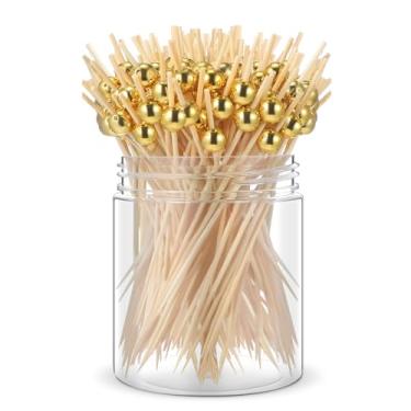 Imagem de Potchen 200 palitos longos para coquetéis, palitos de bambu para aperitivos, frutas, alimentos, espetos, palitos para bebidas, sobremesa, casamento, festa de aniversário (pérolas douradas)
