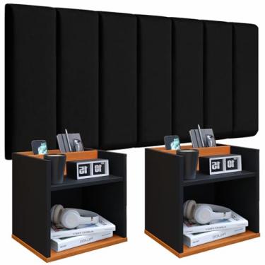 Imagem de Conjunto Cabeceira Casal Modulada 140cm com Kit de Mesa de Cabeceira Suspenso com Porta Celular (Preto - Preto/Cinamomo)