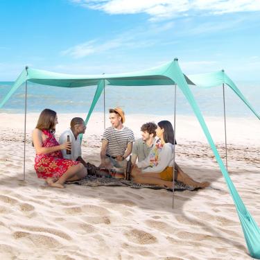 Imagem de BOTINDO Toldo de sol para barraca de praia familiar, tenda de praia grande, abrigo solar, estabilidade, 4 bastões com bolsa de transporte portátil, sombra para atividades ao ar livre para pesca