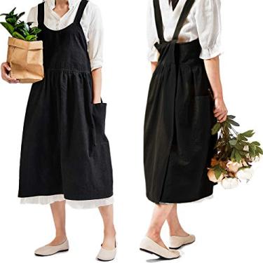 Imagem de Avental de algodão e linho cruzado nas costas para mulheres com bolsos, lindo vestido pinafore estilo japonês coreano para cozinhar pintura e limpeza de jardinagem, Black without Waist Ties