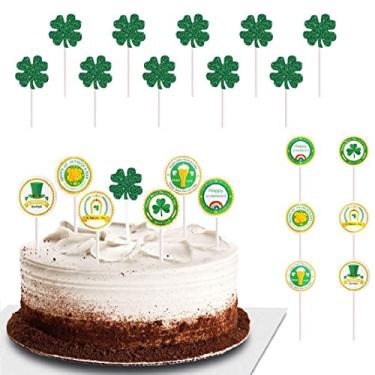 Imagem de 24 peças de enfeites de cupcake de Dia de São Patrício, enfeite de bolo de trevo de quatro folhas, palitos de bolo de trevo verde, palitos de bolo, palavras de boa sorte, palitos de cupcake, para festas de Dia de São Patrício,