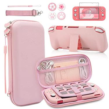 Imagem de Kit de acessórios de estojo de transporte de viagem rosa para Switch Lite, capa protetora rígida com suporte, protetor de tela de vidro, tampas de aperto de polegar 9 em 1 (switch lite)