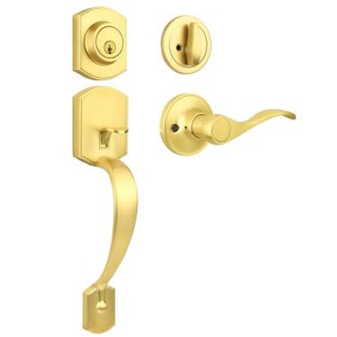 Imagem de Probrico Conjunto de fechadura de porta externa, conjunto de fechaduras douradas, fechaduras de porta de entrada com fechadura de cilindro único puxador de porta frontal e conjunto de fechaduras, 1