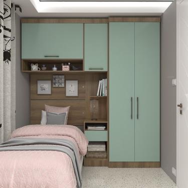 Imagem de Quarto De Solteiro Com Guarda Roupas Mesa De Cabeceira E Nicho Paris Luciane Móveis Avelã Pf Com Verde Pf