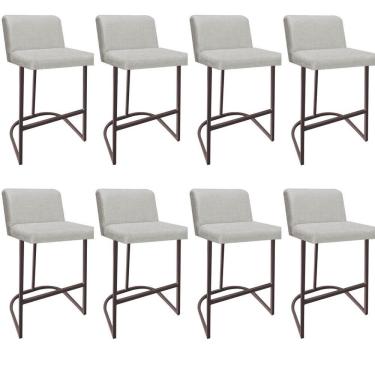 Imagem de Kit 08 Banquetas Com Encosto Noah Luxo Confort Bistrô Cozinha Ferro Marrom Linho Cru - Amey Decor