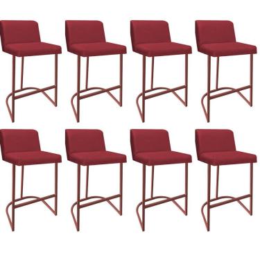 Imagem de Kit 08 Banquetas Com Encosto Confort Bistrô Cozinha Ferro Bronze Sintético Vermelho Amey Decor