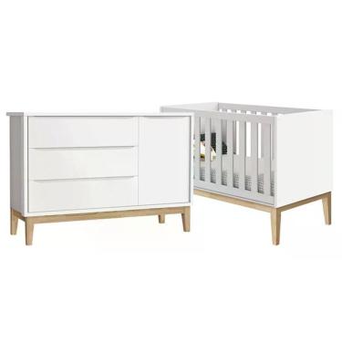 Imagem de Jogo De Quarto Classic Berço Branco Fosco Com Pés Madeira Natural - Reller Móveis Branc...