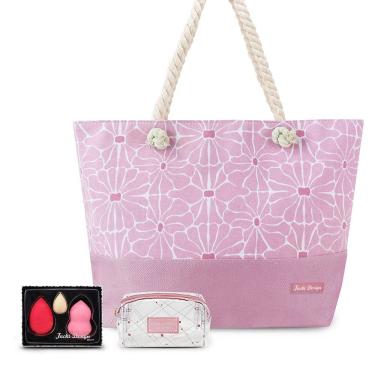 Imagem de Kit Bolsa De Praia, Necessaire Transparente, Trio De Esponjas Rosa
