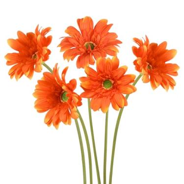 Imagem de ICBOX Flores artificiais de margarida gerbera laranja – flores silvestres artificiais de toque real, 5 peças, margaridas falsas de caule longo para decoração de casa, centros de mesa ou arranjos de