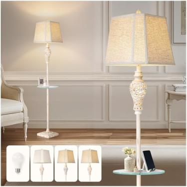 Imagem de LuxSight Collection Luminária De Chão Vintage Com Luz Noturna E Bandeja Vidro, Abajur Linho Acabamento Em Branco Lavado, Estilo Fazenda, Decoração Rústica 65" Altura Para Sala Estar, Quarto, Escritó