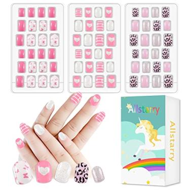 Imagem de Allstarry Kit Com 3 Unhas Postiças Infantis, 72 Unidades, Pré-Cola, Cobertura Total, Glitter, Coração, Cor Sólida, Curtas, Presente Adorável Para Meninas, Decoração Artística - Série Rosa