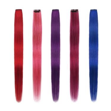 Imagem de Winsky Extensões De Cabelo Coloridas Com Clipes, 100% Humano Real - Luzes Retas Em Apliques, Conjunto 5 Peças (45 Cm, Rosa, Roxo, Vermelho, Azul, Bordô)