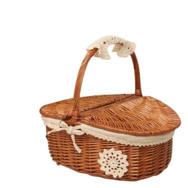 Imagem de Cesta de Piquenique Feita à Mão Camping Wicker Picnic Basket Shopping Storage Cesto Com Tampa e Maçaneta de Madeira Vime e Piquenique (Como mostrado)