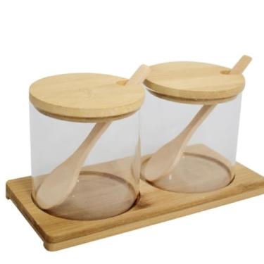 Imagem de Kit 2 Potes Porta Condimentos de Vidro 300ml com Tampa Hermética de Bambu, Colher, Suporte de Bambu Ideal para Temperos, Açúcar, Café, Armazenamento de Alimentos Design Elegante e Funcional